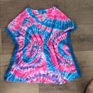 SO Girls' Tie-Dye V-Neck Swim Coverup in Pink, Blue & Purple with Fringe Trim